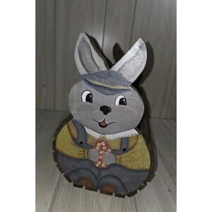 Vintage Hand Painted Rabbit Basket Wooden Slat Storage Folk Art Decor Easter